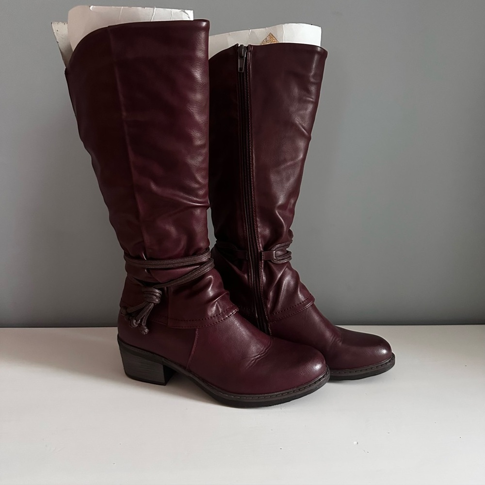 Taxi Dark Red Under Knee Boots. Zipper Opening Elastic Patch Top Calf EUC US 6